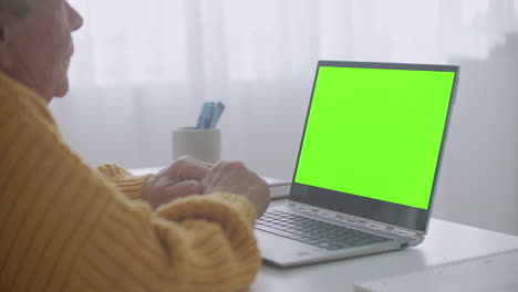 An-elderly-woman-looks-at-a-monitor-with-a-green-screen-and-talks-via-video-link-with-her-granddaughter-or-daughter-or-a-doctor.-Video-help-for-the-elderly.-Grandma-uses-a-laptop